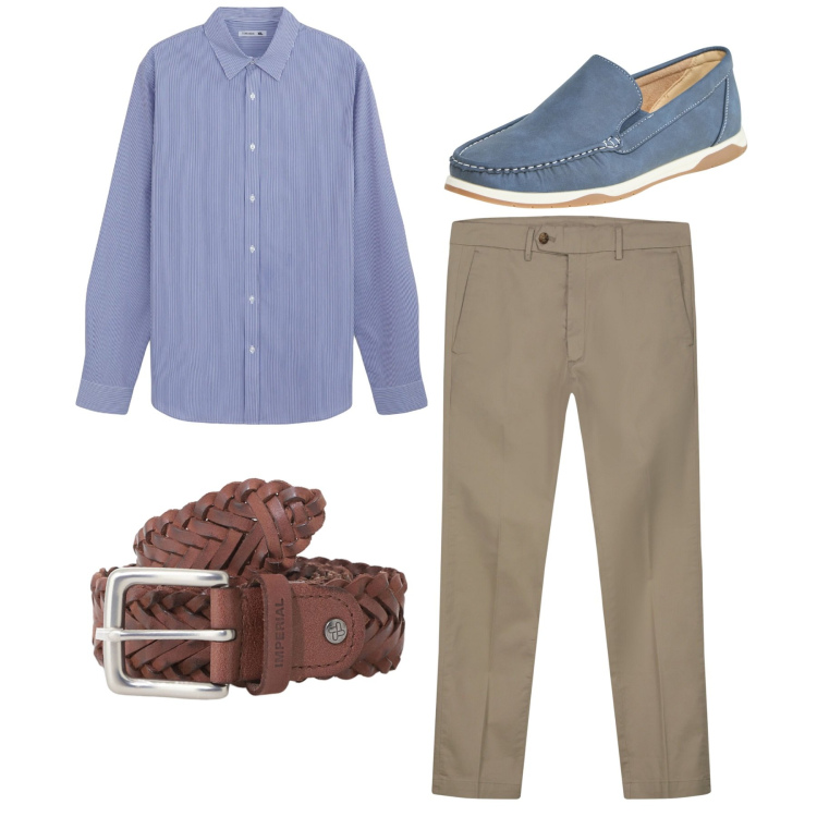 Outfit uomo - City. Stile Casual per Tutti i giorni. Abbinamento con scarpe stringate, camicie, cinture, pantaloni chino.