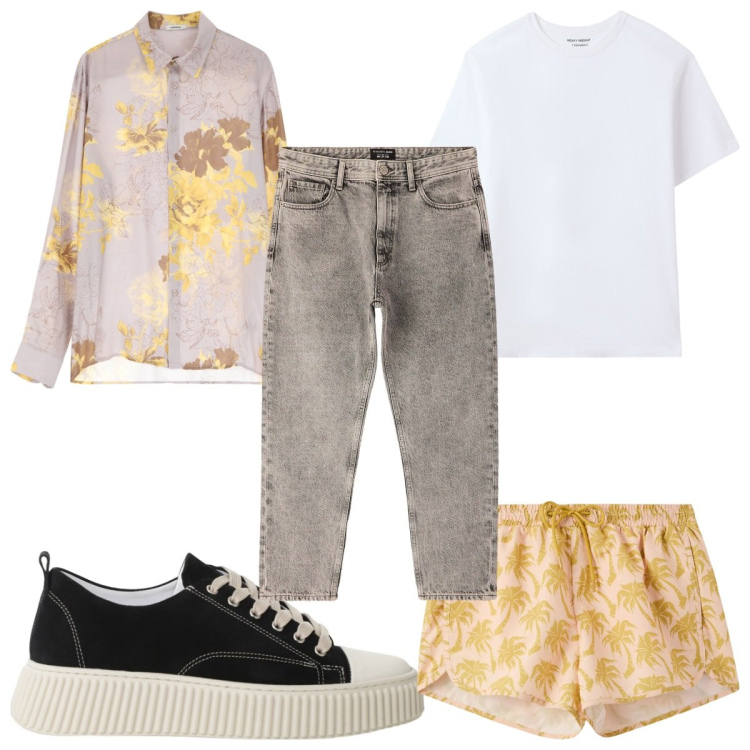 Outfit uomo - Total look #2234473. Stile Trendy per Mare. Abbinamento con t-shirt, costumi, jeans dritti, camicie, sneakers.