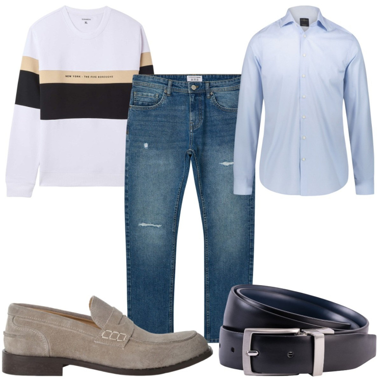 Outfit uomo - Total look #2234478. Stile Casual per Ufficio. Abbinamento con felpe con cappuccio, jeans strappati, scarpe stringate, camicie, cinture.