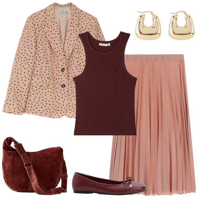 Outfit donna - Anticipa le tendenze!. Stile Casual chic per Ufficio. Abbinamento con ballerine, orecchini, borse a mano, top, gonne, blazer.