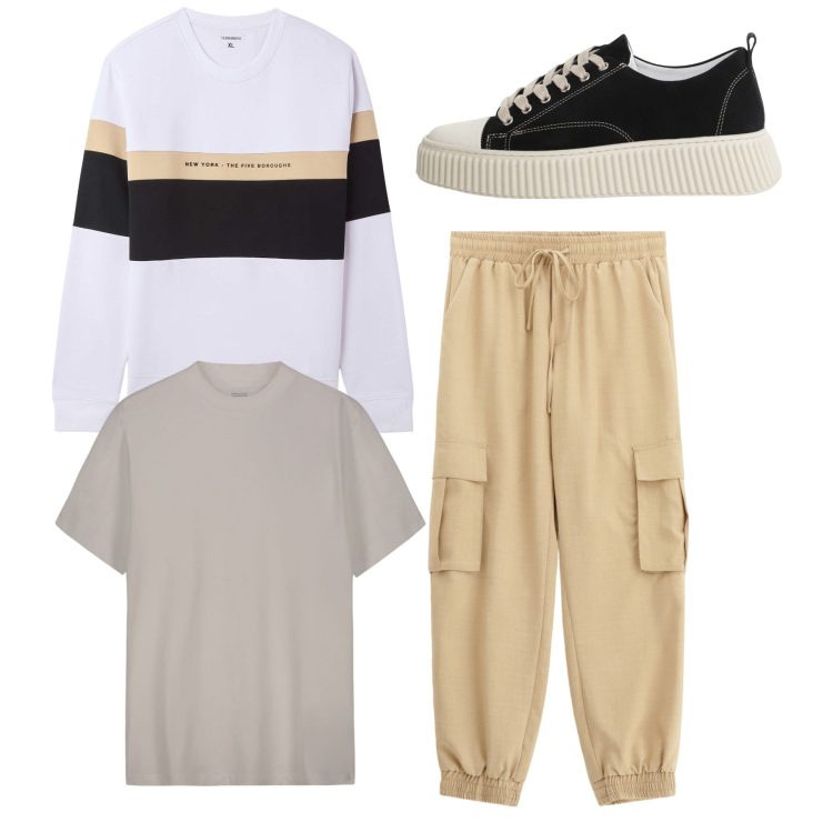 Outfit uomo - Total look. Stile Casual per Tutti i giorni. Abbinamento con felpe con cappuccio, sneakers, pantaloni cargo, t-shirt.