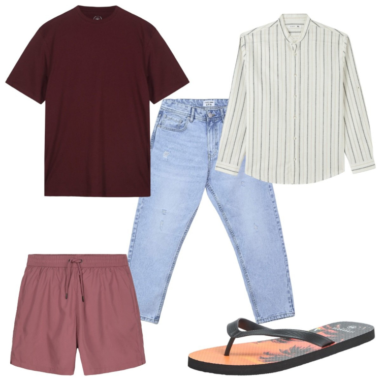 Outfit uomo - Total look #2234521. Stile Trendy per Tutti i giorni. Abbinamento con camicie, sandali, jeans strappati, t-shirt, costumi.