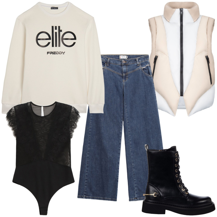 Outfit donna - Look maschile body no sulle vette. Stile Mannish per Tutti i giorni. Abbinamento con anfibi, jeans, body, felpe, piumini.