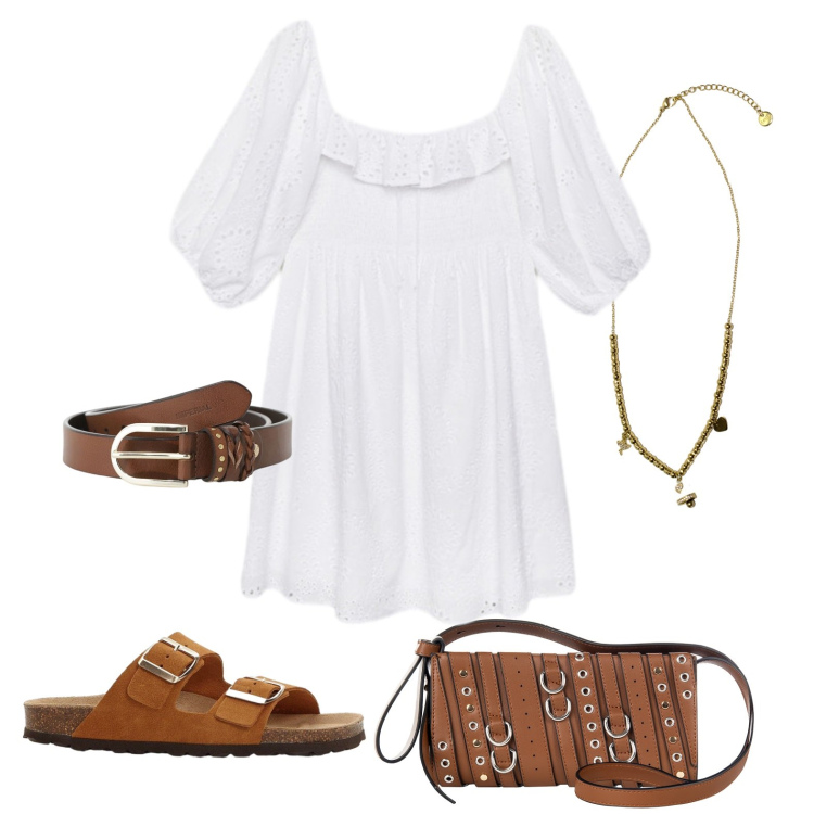 Outfit donna - Tra i borghi della Tuscia. Stile Boho per Tutti i giorni. Abbinamento con ciabatte, borse a spalla, cinture, ciondoli, vestiti corti.