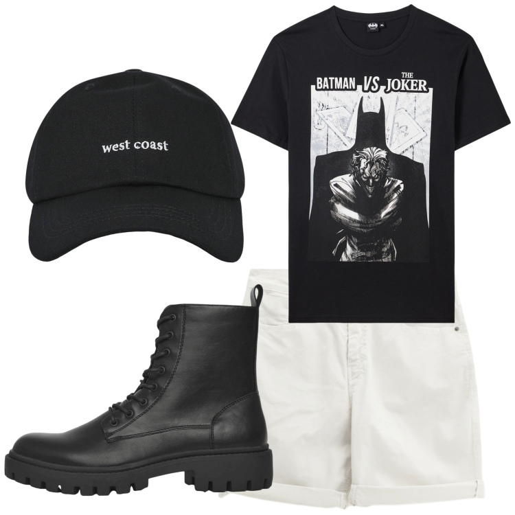 Outfit uomo - Una visiera per tutti i giorni. Stile Biker Rock per Tutti i giorni. Abbinamento con shorts, cappelli con visiera, anfibi, t-shirt.