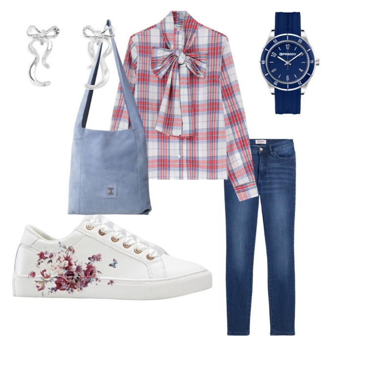 Outfit donna - Passeggiata in centro. Stile Casual chic per Tutti i giorni. Abbinamento con jeans slim fit, sneakers, orecchini, camicie, borse a tracolla, orologi.