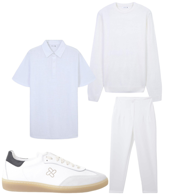 Outfit uomo - Bianco totale. Stile Casual per Tutti i giorni. Abbinamento con pantaloni chino, polo, maglieria, sneakers.