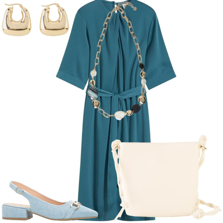 Outfit donna - Ritorno in ufficio. Stile Casual chic per Ufficio. Abbinamento con orecchini, décolleté, borse a tracolla, vestiti midi/longuette, collane.