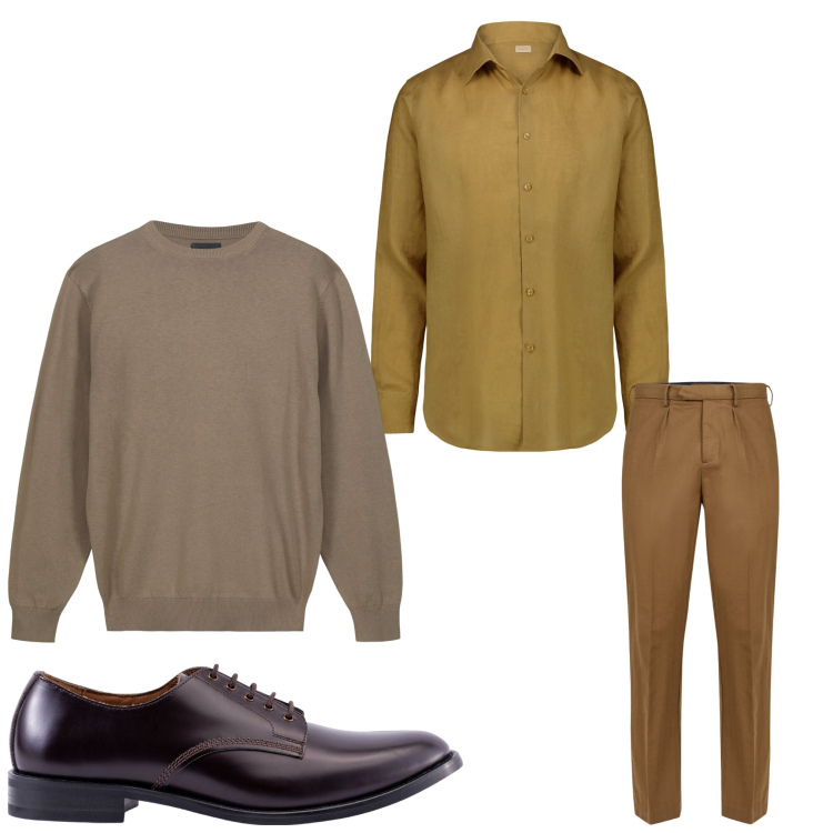 Outfit uomo - Tonalità marroni. Stile Business/Elegante per Ufficio. Abbinamento con pantaloni, maglieria, scarpe stringate, camicie.