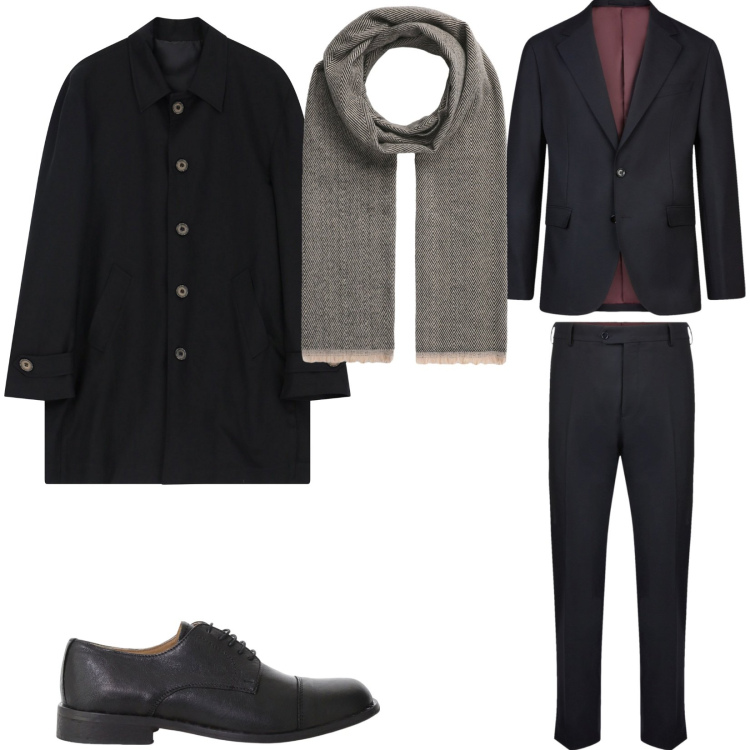 Outfit uomo - Total look #2234646. Stile Business/Elegante per Cerimonia. Abbinamento con sciarpe, scarpe stringate, trench, abiti.