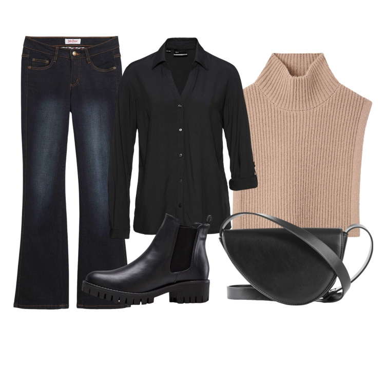 Outfit donna - Gilet e camicia. Stile Casual per Tutti i giorni. Abbinamento con jeans bootcut, camicie, stivaletti chelsea, borse a tracolla, cappotti.