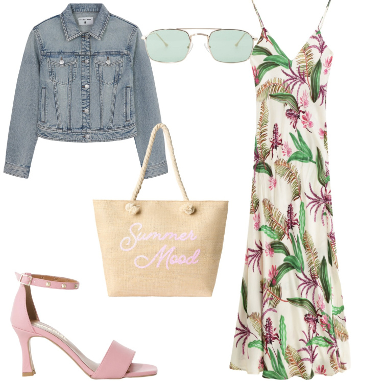 Outfit donna - Agosto. Stile Casual chic per Tutti i giorni. Abbinamento con borse tote, blazer, vestiti lunghi, sandali col tacco, occhiali da sole.