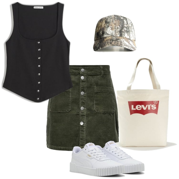 Outfit mujer - Preppy #552. Estilo Preppy para Todos los días. Combinación con top, sneakers, minifaldas, bolso tote, sombreros.