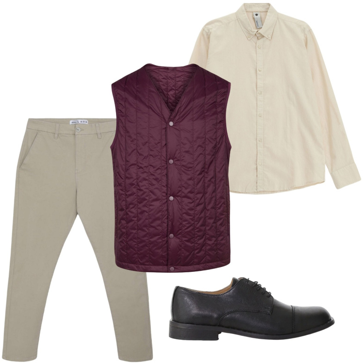 Outfit uomo - Look casual di stagione. Stile Casual per Ufficio. Abbinamento con pantaloni chino, scarpe stringate, camicie, piumini.