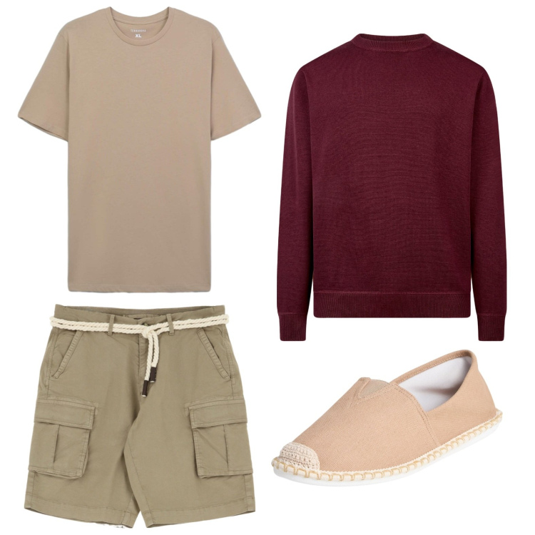 Outfit uomo - Bermuda cargo. Stile Casual per Tutti i giorni. Abbinamento con espadrillas, t-shirt, bermuda, maglieria.