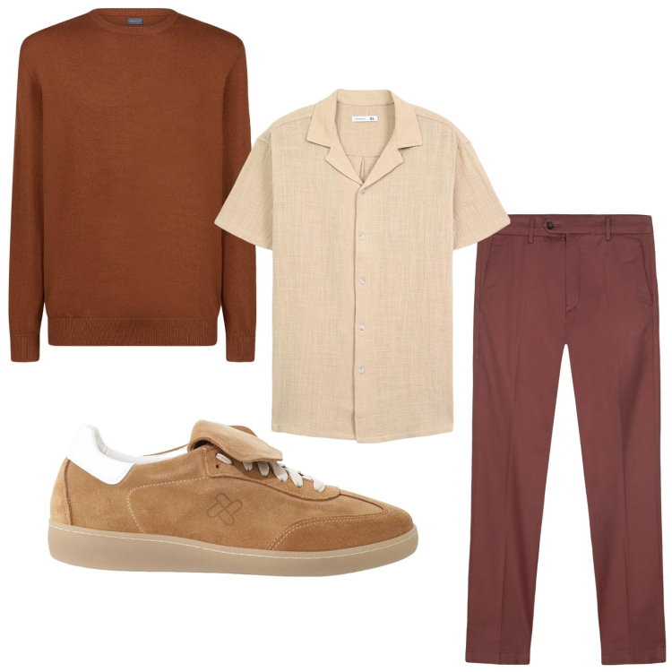 Outfit uomo - Linee raffinate. Stile Casual per Tutti i giorni. Abbinamento con camicie a manica corta, sneakers, pantaloni chino, maglieria.