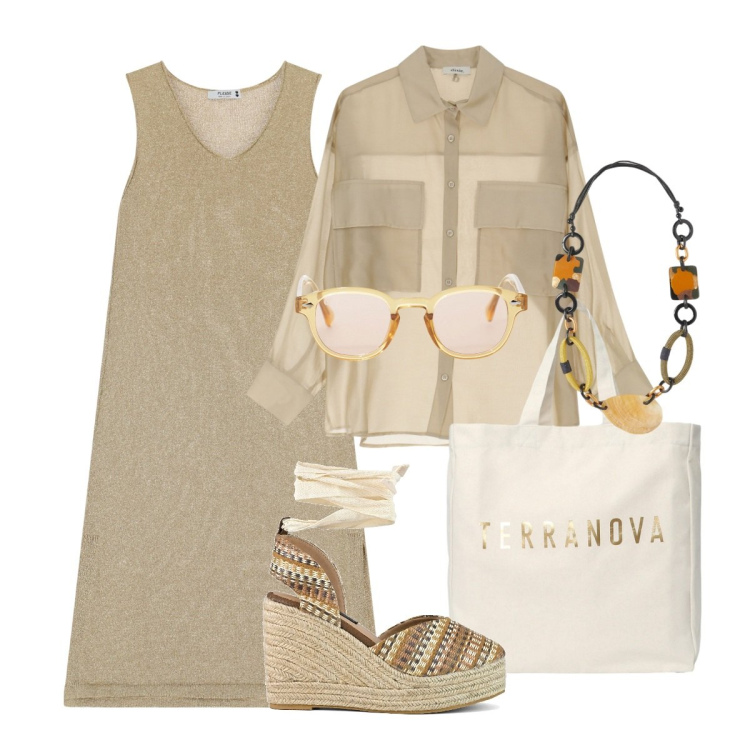 Outfit donna - Sabbia bagnata. Stile Casual chic per Tutti i giorni. Abbinamento con borse tote, vestiti midi/longuette, occhiali da sole, camicie, zeppe, collane.