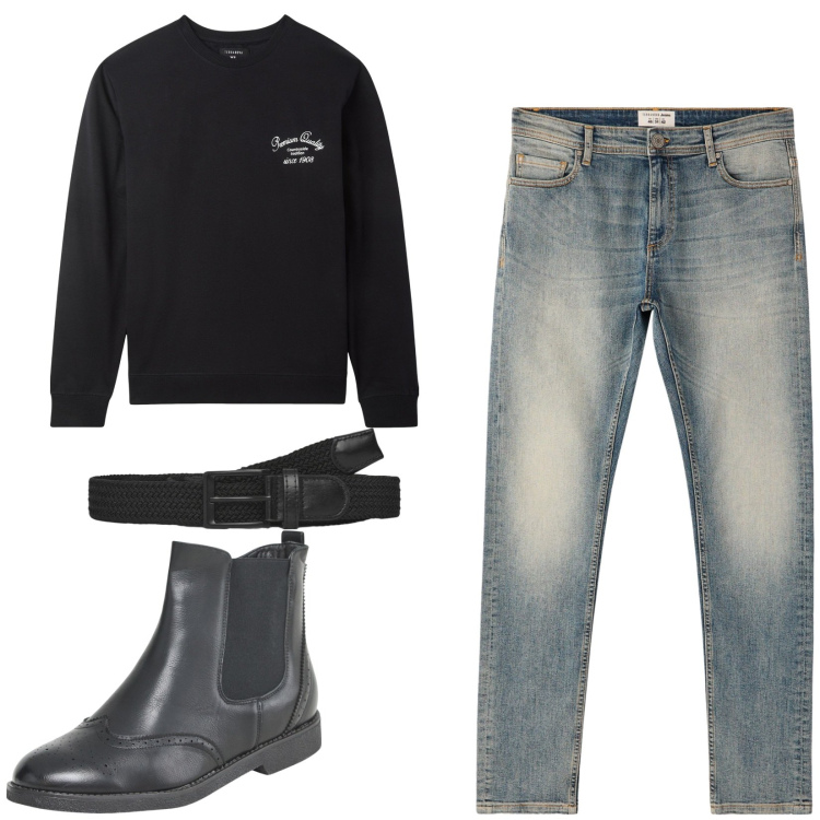 Outfit uomo - Total look #2234712. Stile Casual per Tutti i giorni. Abbinamento con stivali e stivaletti, felpe con cappuccio, cinture, jeans skinny.