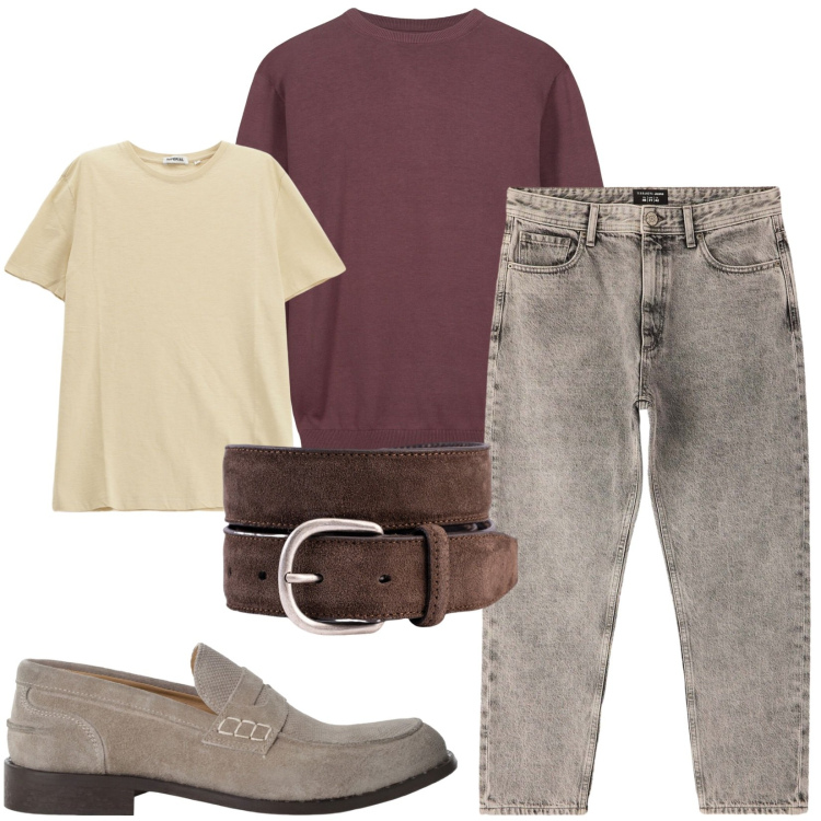 Outfit uomo - Total look #2234715. Stile Casual per Tutti i giorni. Abbinamento con jeans dritti, scarpe stringate, t-shirt, cinture, maglieria.
