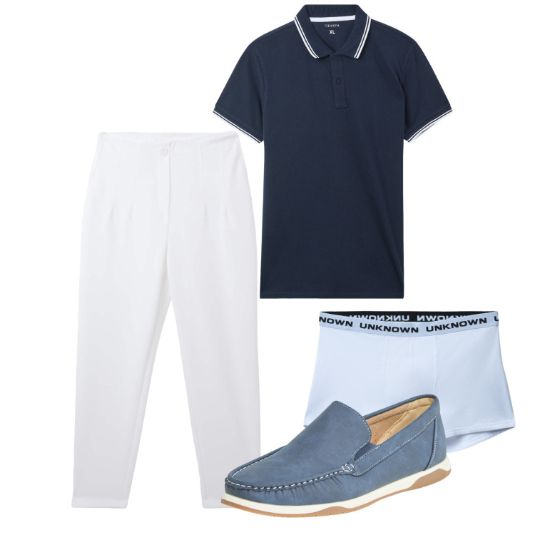 Outfit uomo - Agosto. Stile Casual per Tutti i giorni. Abbinamento con scarpe stringate, pantaloni chino, polo, boxer.