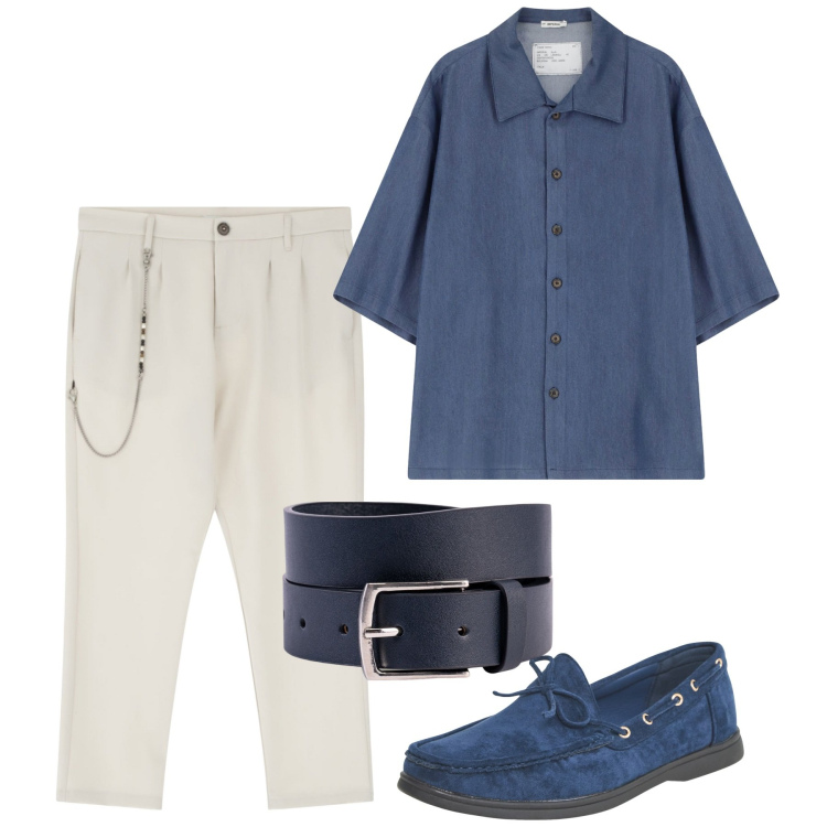 Outfit uomo - Blu e panna. Stile Casual per Tutti i giorni. Abbinamento con scarpe stringate, pantaloni, camicie a manica corta, cinture.