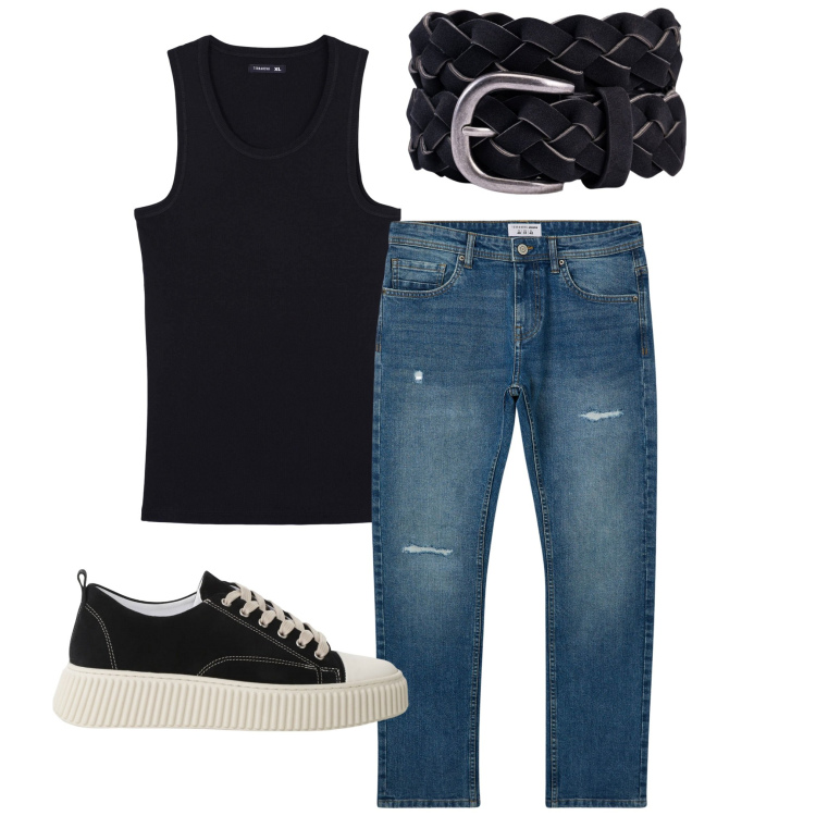 Outfit uomo - Jeans e canottiera. Stile Urban per Tutti i giorni. Abbinamento con canottiere, jeans strappati, sneakers, cinture.