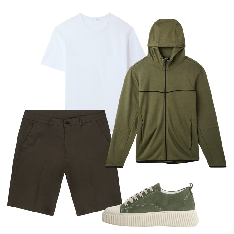 Outfit uomo - Sera estate. Stile Casual per Tutti i giorni. Abbinamento con t-shirt, felpe con cappuccio, sneakers, bermuda.