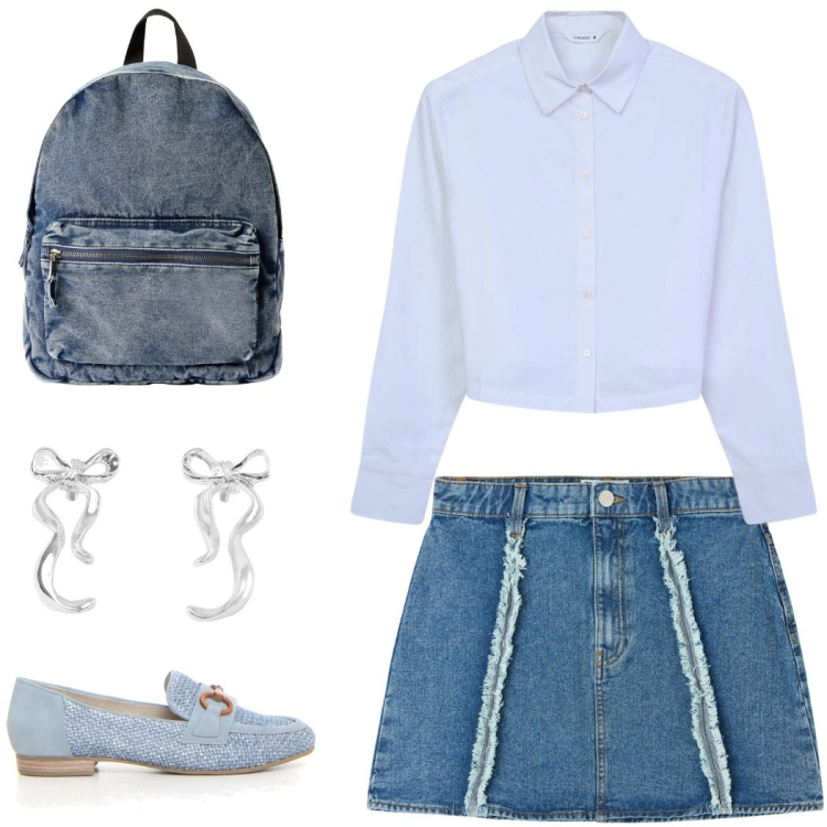 Outfit donna - Zaino denim. Stile Trendy per Scuola/Università. Abbinamento con camicie, minigonne, orecchini, zaini, mocassini.