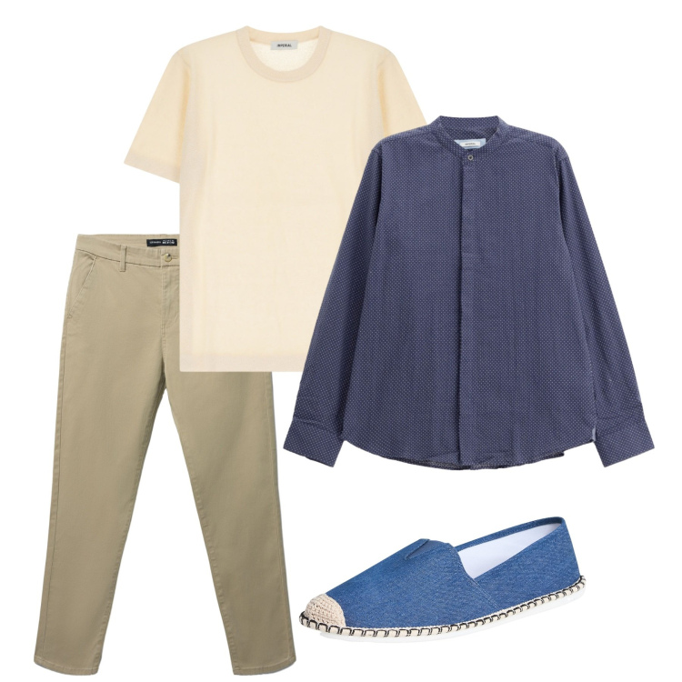 Outfit uomo - Fine agosto. Stile Casual per Tutti i giorni. Abbinamento con espadrillas, pantaloni chino, camicie, maglieria.