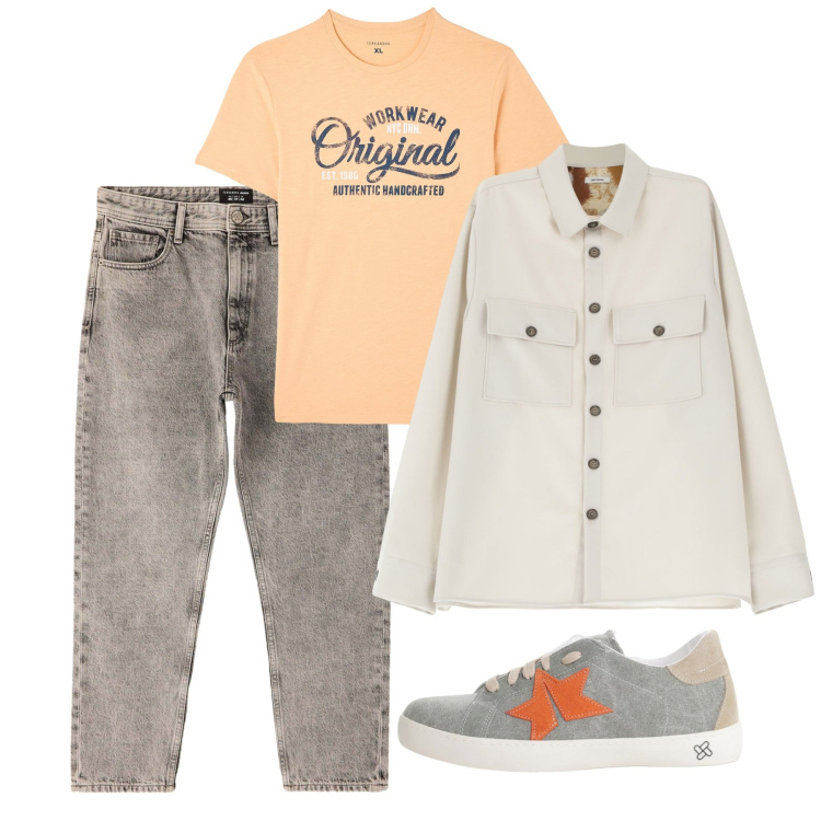 Outfit uomo - Agosto. Stile Casual per Tutti i giorni. Abbinamento con t-shirt, jeans dritti, camicie, sneakers.