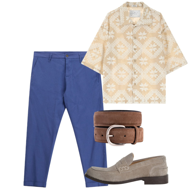 Outfit uomo - Agosto. Stile Casual per Tutti i giorni. Abbinamento con camicie a manica corta, scarpe stringate, pantaloni, cinture.