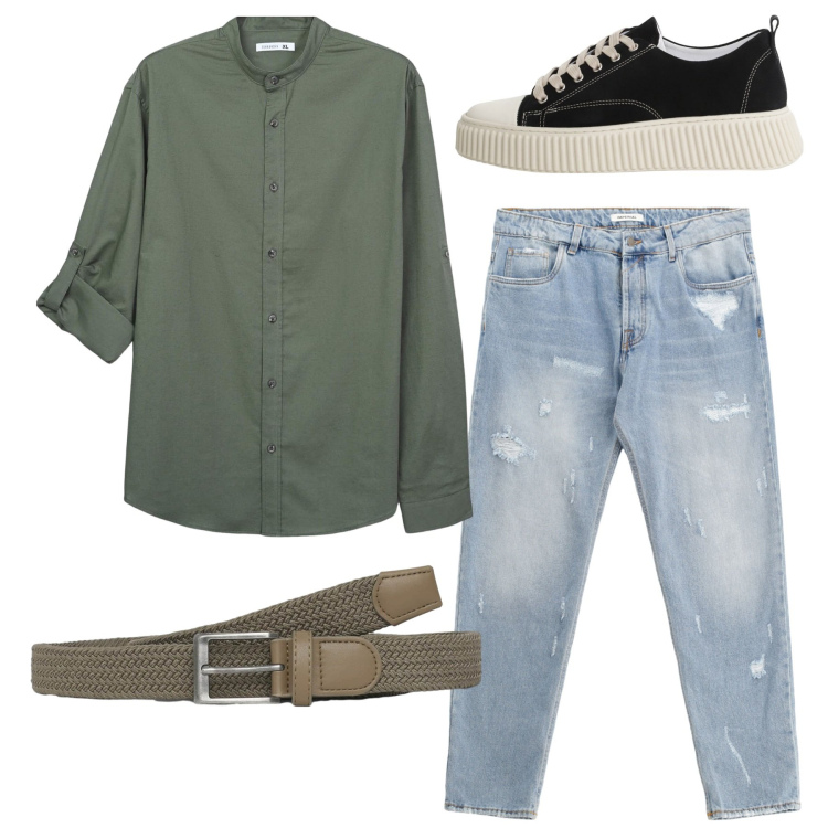 Outfit uomo - In città. Stile Casual per Tutti i giorni. Abbinamento con camicie, cinture, sneakers, jeans strappati.