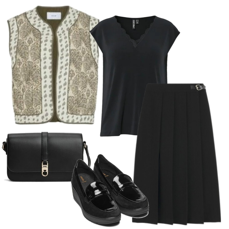 Outfit mujer - Étnico #1227. Estilo Étnico para Oficina. Combinación con camiseta, faldas largas, mocasines, chalecos, bandoleras.