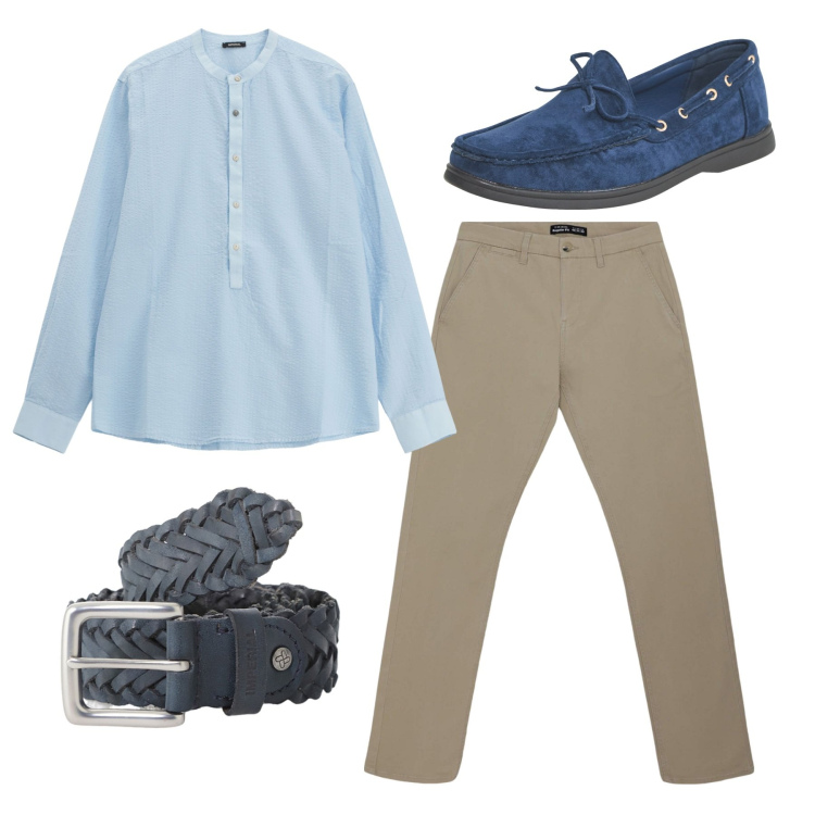 Outfit uomo - Fine agosto. Stile Casual per Tutti i giorni. Abbinamento con scarpe stringate, pantaloni chino, cinture, camicie.