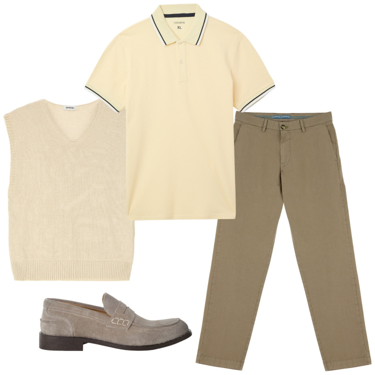 Outfit uomo - Un invito informale. Stile Urban per Tutti i giorni. Abbinamento con polo, pantaloni chino, scarpe stringate, maglieria.