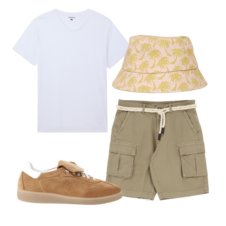 Outfit uomo - Un bel cappellino. Stile Trendy per Tutti i giorni. Abbinamento con t-shirt, cappelli con visiera, sneakers, bermuda.