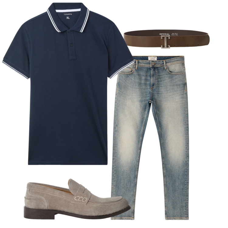 Outfit uomo - Aperitivo con gli amici. Stile Urban per Tutti i giorni. Abbinamento con polo, jeans skinny, cinture, scarpe stringate.