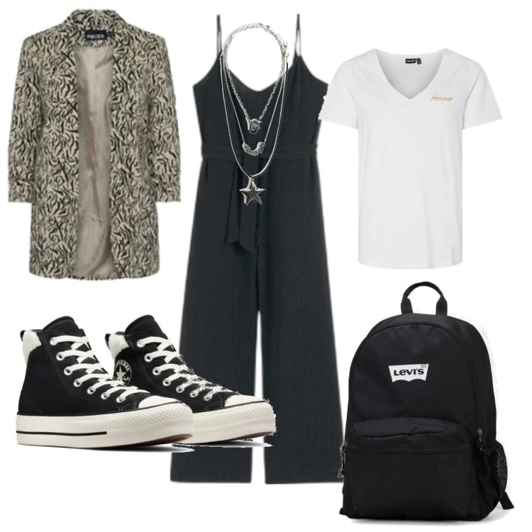 Outfit mujer - Urban #5057. Estilo Urban para Oficina. Combinación con pantalones, blazers, collares, camiseta, mochilas, sneakers.