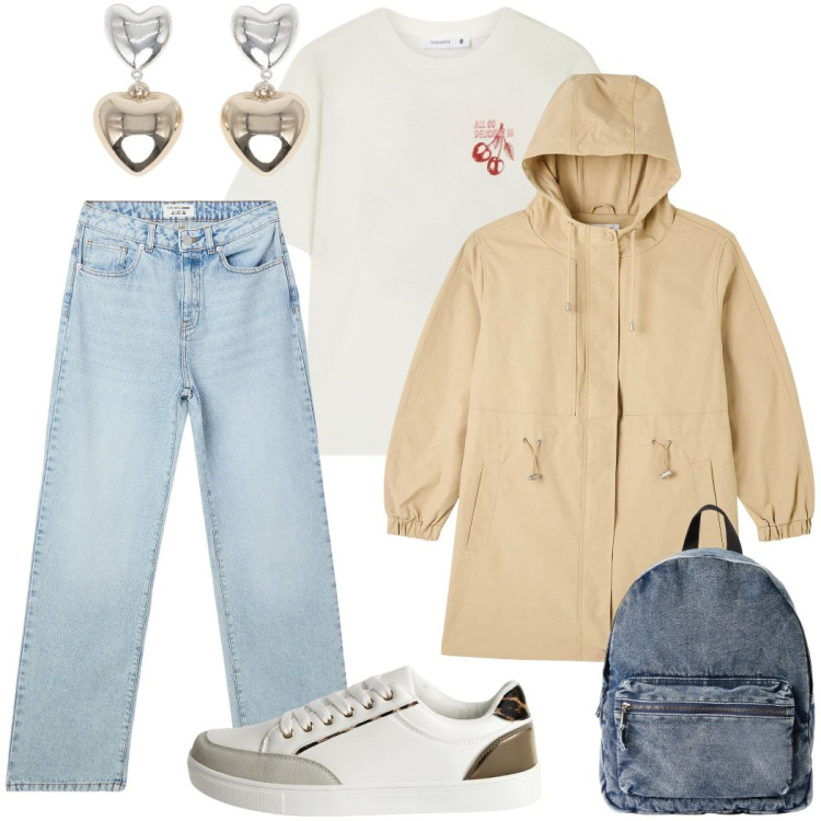 Outfit donna - Rientro a scuola. Stile Casual per Scuola/Università. Abbinamento con blazer, jeans dritti, sneakers, zaini, orecchini, t-shirt.