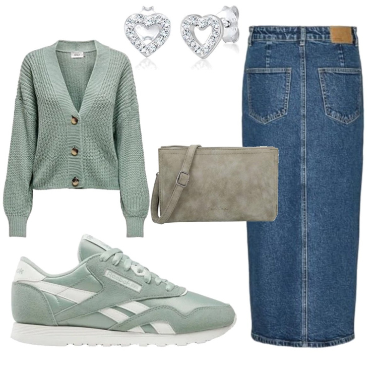 Outfit femme - Se mettre au vert. Style Casual pour Tous les jours. Assortir avec gilets, jupes au genou, sacs en bandoulière, boucles d'oreilles, sneakers.
