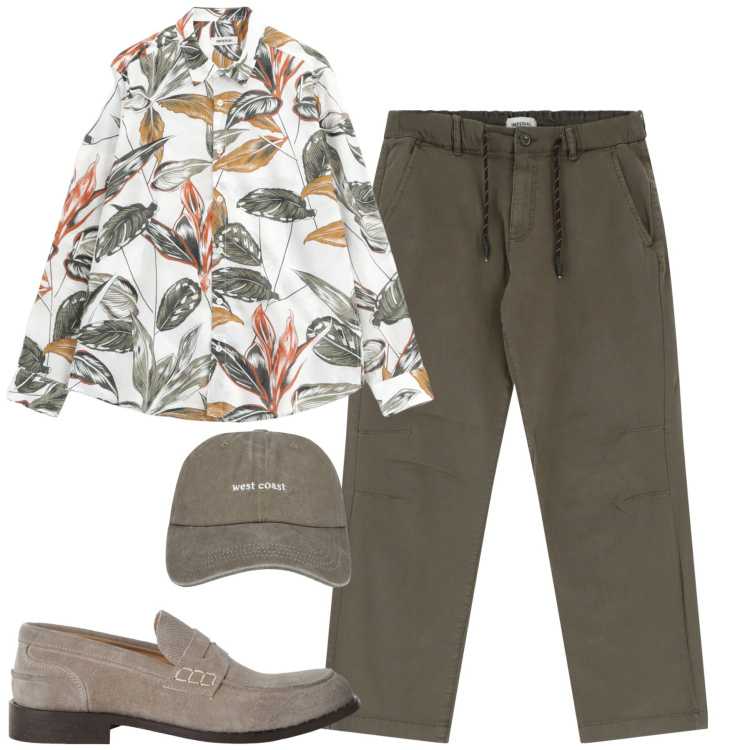 Outfit uomo - La camicia floreale. Stile Trendy per Tutti i giorni. Abbinamento con cappelli, pantaloni, scarpe stringate, camicie.