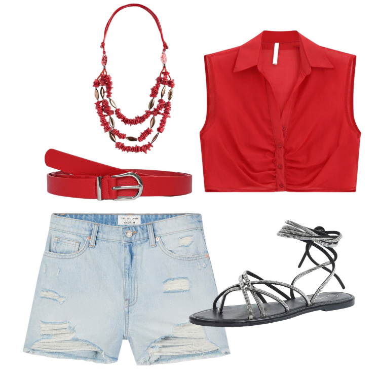 Outfit donna - Un outfit estivo. Stile Casual per Tutti i giorni. Abbinamento con cinture, sandali alla schiava, shorts, top, collane.