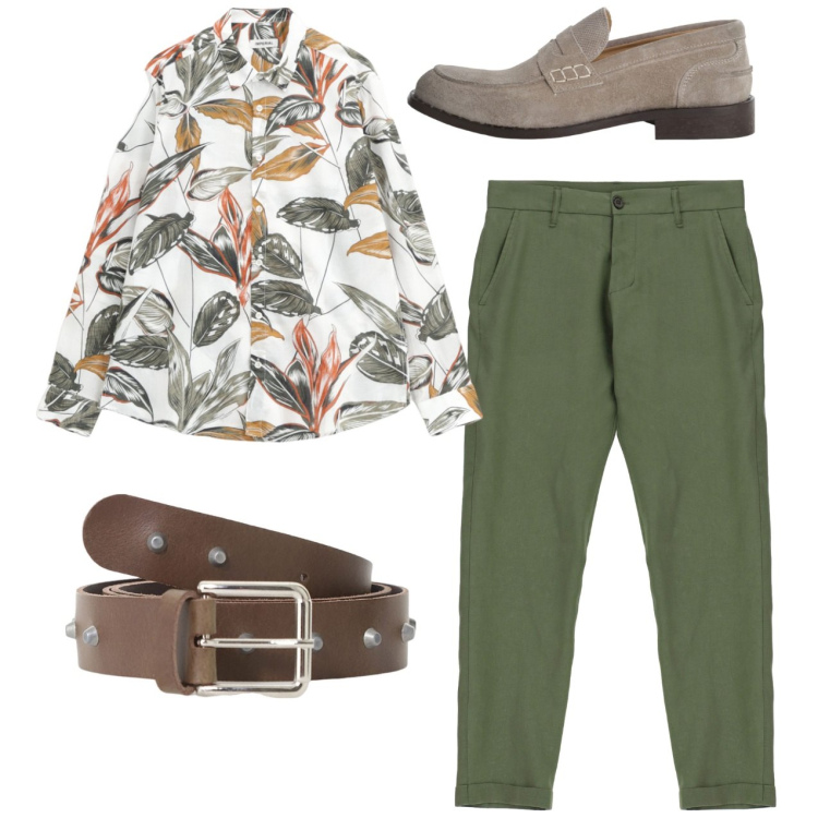 Outfit uomo - Floreale. Stile Casual per Tutti i giorni. Abbinamento con cinture, scarpe stringate, camicie, pantaloni.