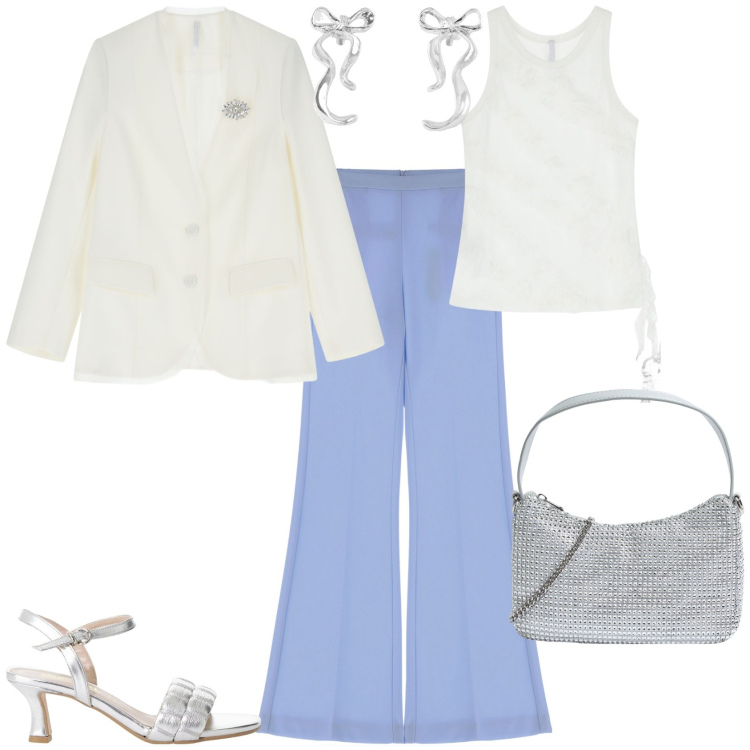 Outfit donna - Total look #2234871. Stile Chic per Serata fuori. Abbinamento con orecchini, borse a tracolla, pantaloni, sandali col tacco, blazer, top.
