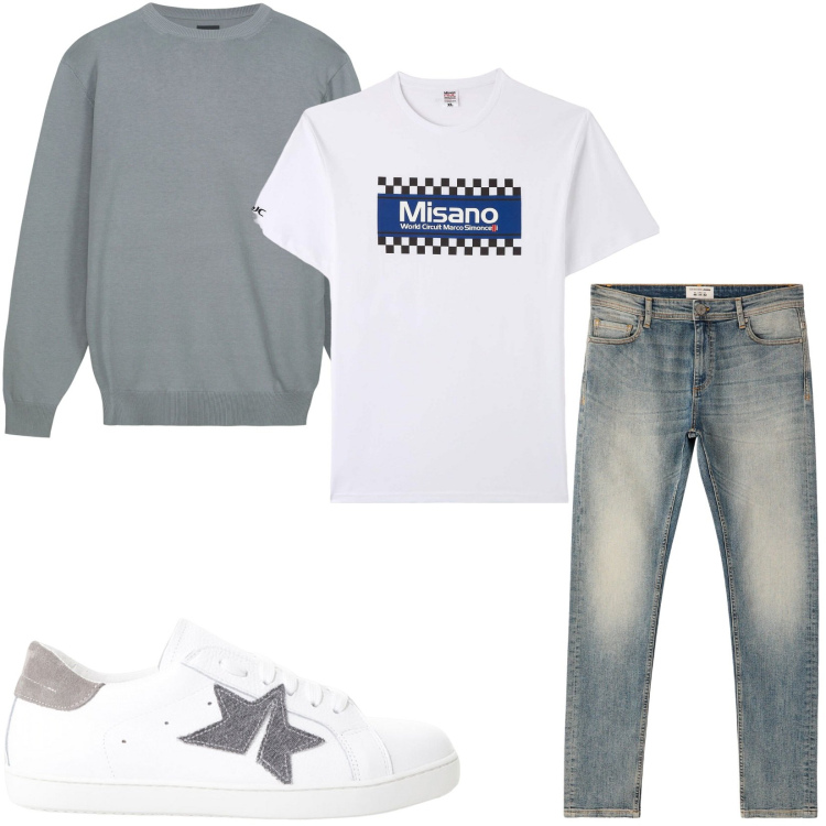 Outfit uomo - Total look #2234876. Stile Trendy per Tutti i giorni. Abbinamento con t-shirt, jeans skinny, sneakers, maglieria.