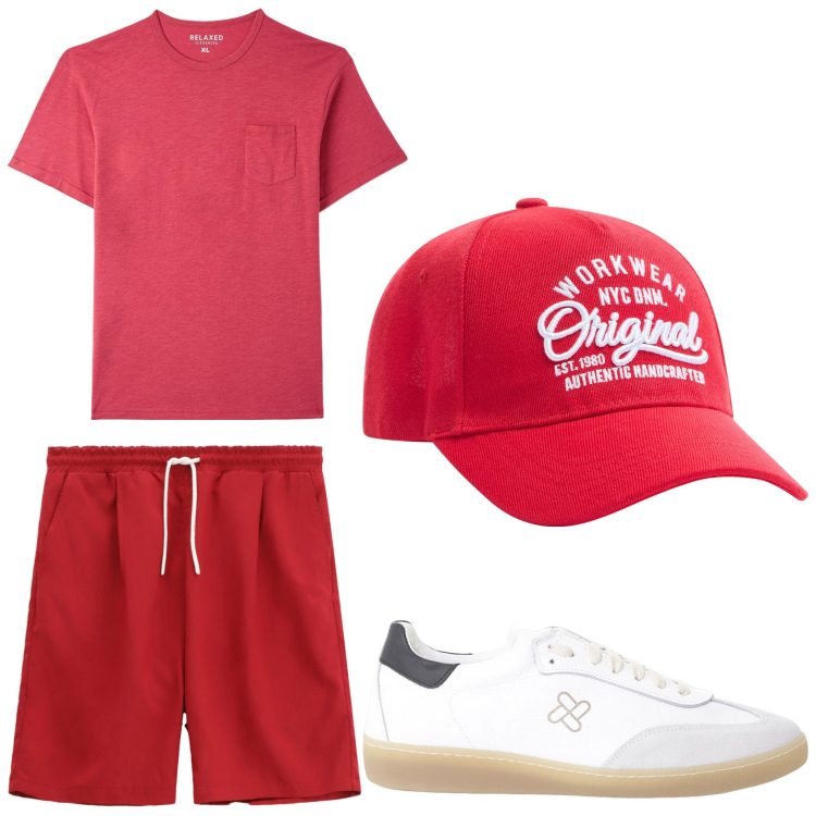 Outfit uomo - Red team. Stile Casual per Sport. Abbinamento con t-shirt, cappelli, sneakers, bermuda.