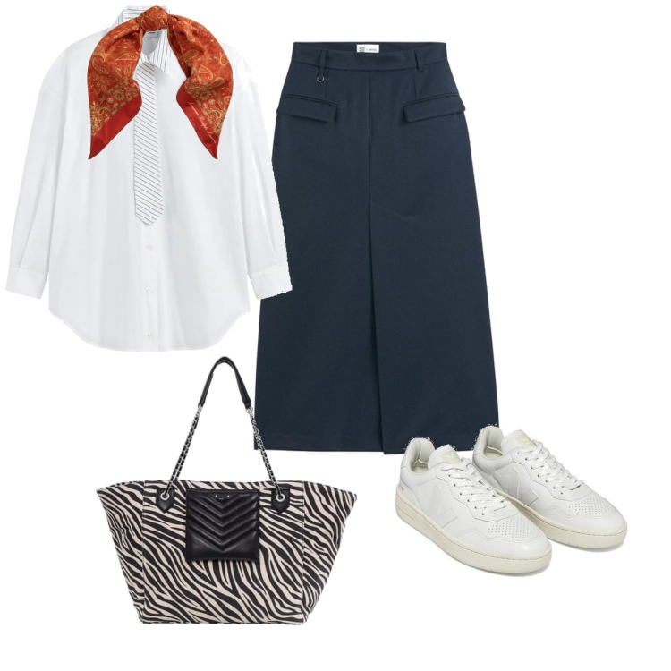Outfit mujer - Trendy #7058. Estilo Trendy para Oficina. Combinación con falda longuette, sneakers, bolso tote, camisas, bandas para el pelo.