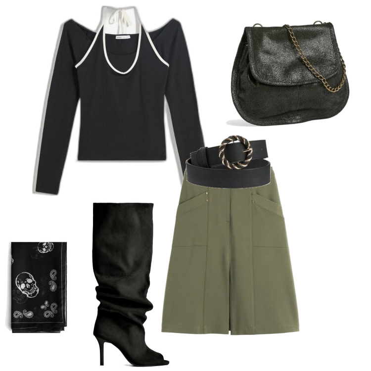 Outfit mujer - Rock #717. Estilo Rock para Noche/Fiesta elegante. Combinación con faldas largas, camiseta, bolsos de mano, bandas para el pelo, cinturones, botas.