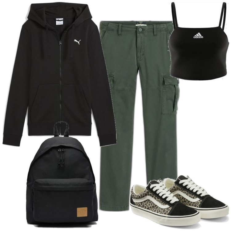 Outfit mujer - Basic #4486. Estilo Basic para Todos los días. Combinación con sudaderas con capucha, sneakers, top, pantalones cargo, mochilas.