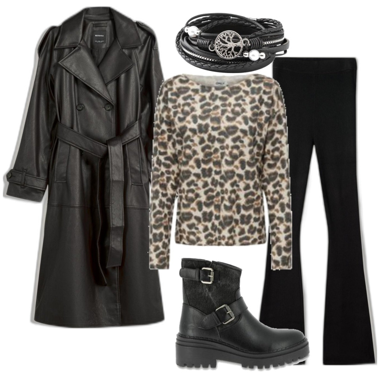 Outfit mujer - Rock #718. Estilo Rock para Todos los días. Combinación con pulseras, trench, prendas de punto, pantalones, botines.